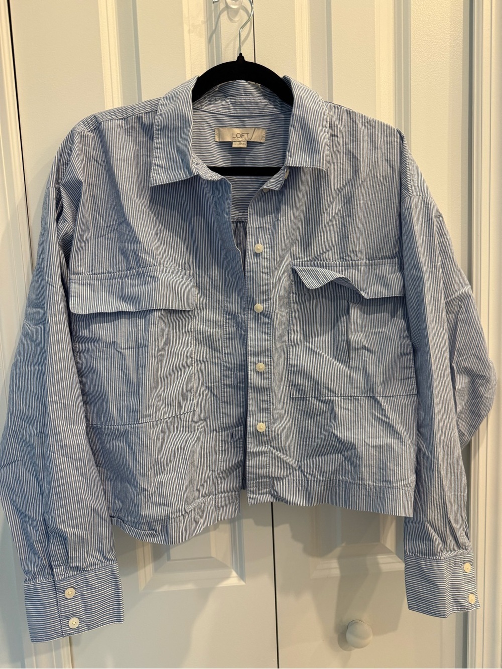 LOFT Blue & White Pinstripe Crop Button Down Shirt